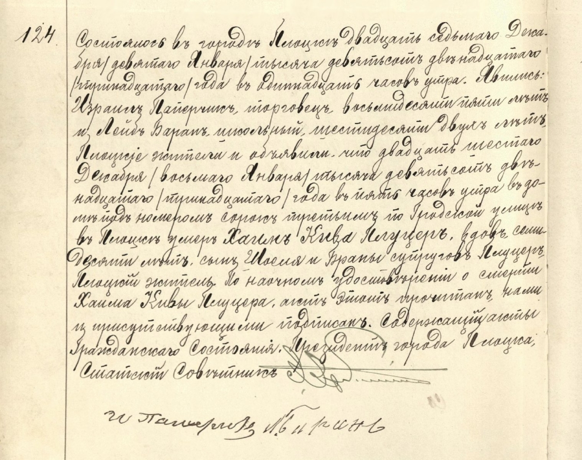 Death certificate of Chaim Kiwa Plucer vel Sarna (source: State Archives in Płock, Civil registry records of the Płock Jewish religious community)